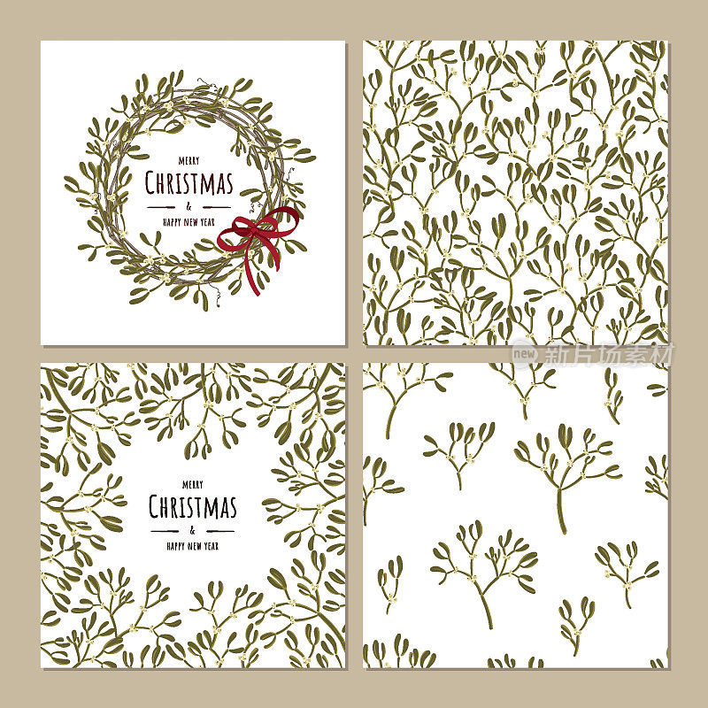 Mistletoe set Labåel cover and seamless pattern, simple flat design. Vector illustration